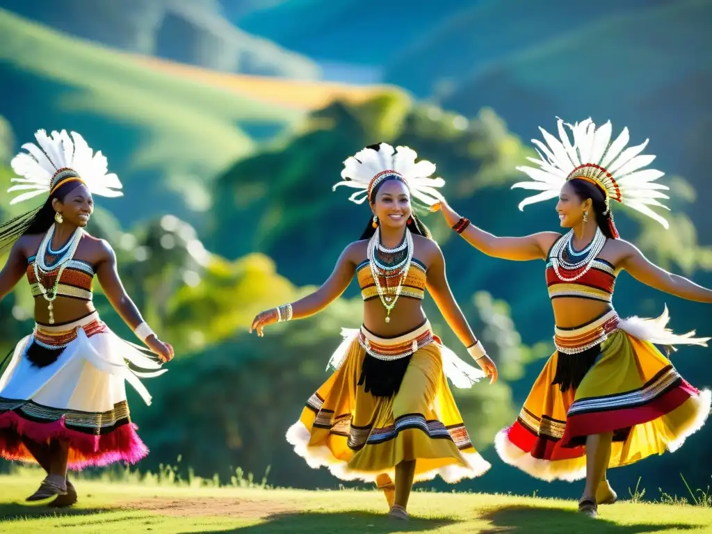 Grupo de bailarines tradicionales en coloridos trajes danzando en colinas verdes