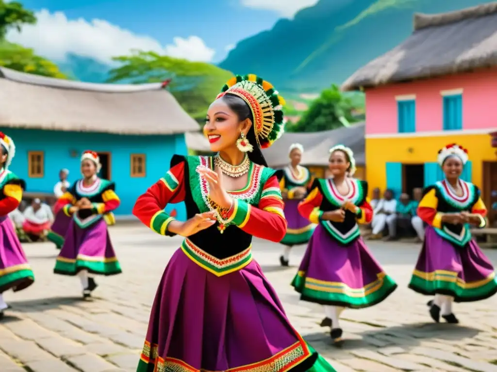 Grupo de bailarines tradicionales en coloridos trajes, realizando una danza cultural en la plaza del pueblo