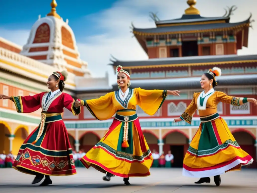 Un grupo de bailarines tradicionales con coloridos trajes y movimientos gráciles frente a un monumento histórico