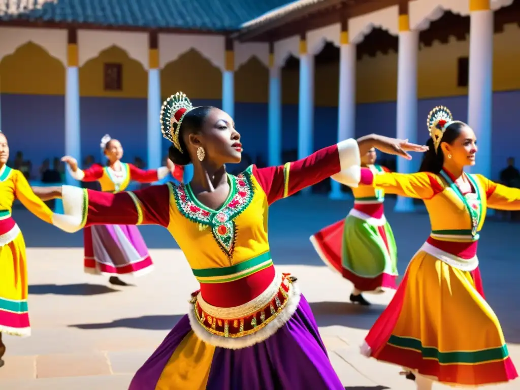 Grupo de bailarines tradicionales con coloridos trajes realizando una coreografía en un patio soleado, preservación digital de danzas tradicionales