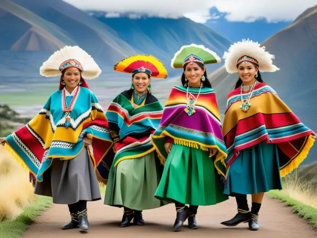 Grupo de bailarines tradicionales de los Andes en coloridos atuendos, en pleno movimiento