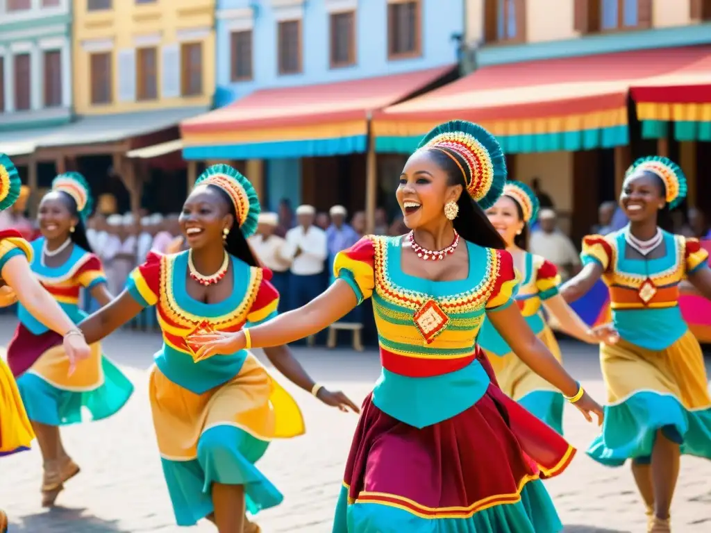 Un grupo de bailarines tradicionales en coloridos trajes realizan una animada rutina en una bulliciosa plaza