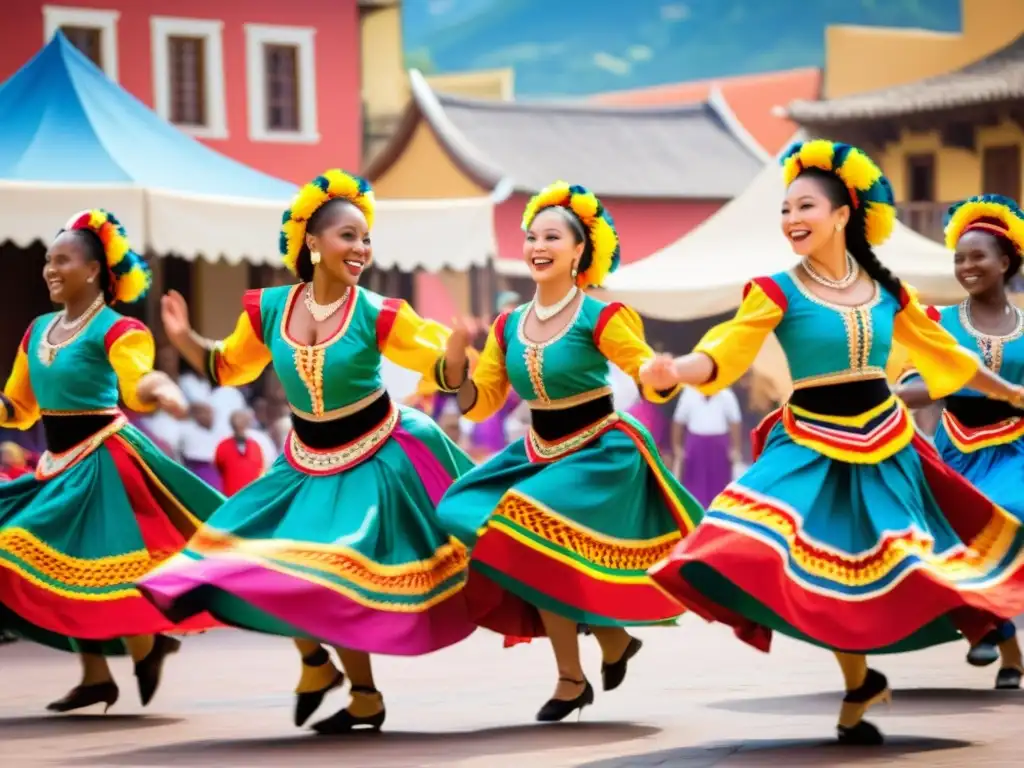 Un grupo de bailarines tradicionales con coloridos trajes, realizando movimientos expresivos en una plaza concurrida