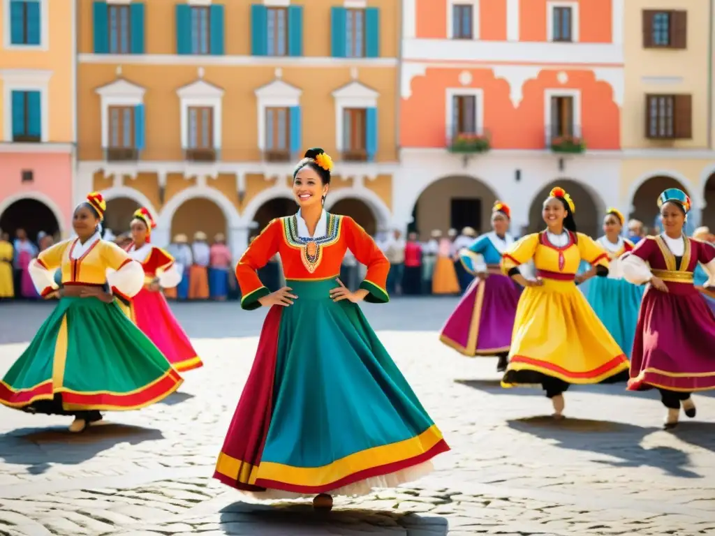 Grupo de bailarines tradicionales con coloridos trajes, cautivando a una audiencia diversa en una plaza histórica