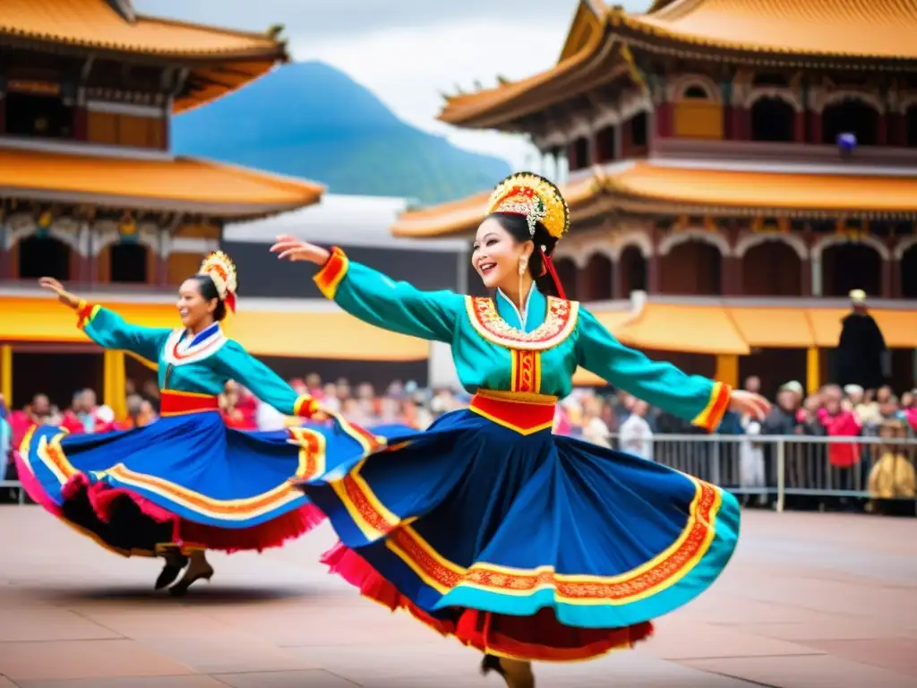 Grupo de bailarines tradicionales en coloridos trajes ejecutan danzas vibrantes en plaza bulliciosa, promoción online danzas tradicionales