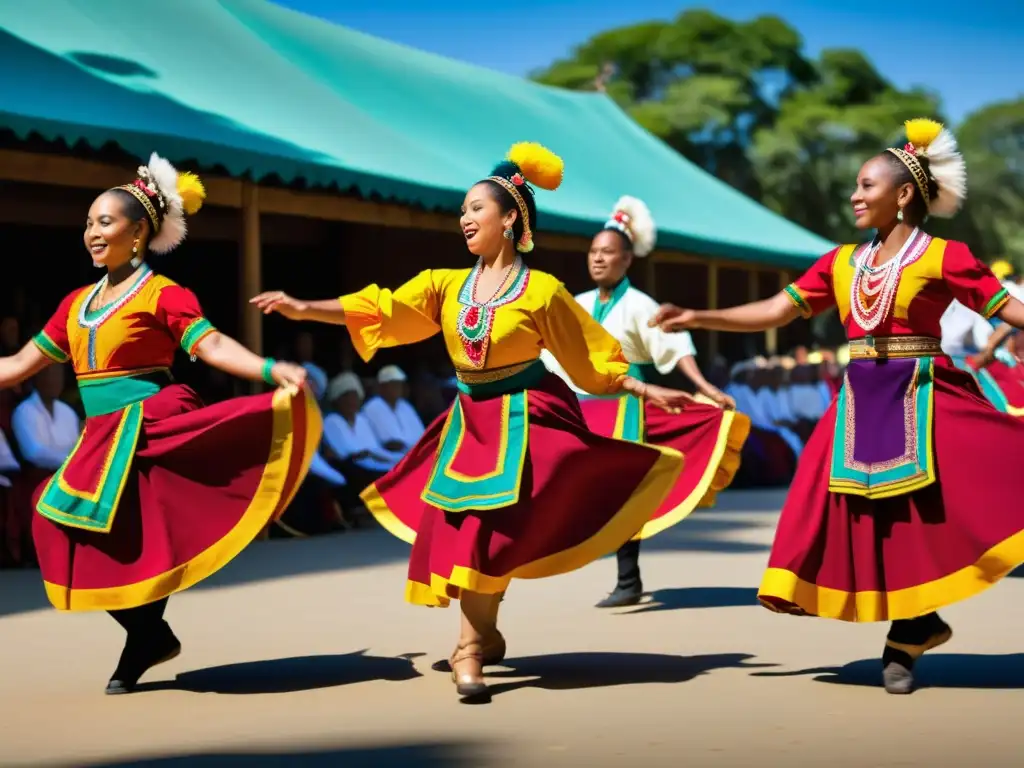 Un grupo de bailarines tradicionales realizando complejas técnicas de danza tradicional detalladas, envueltos en coloridos trajes