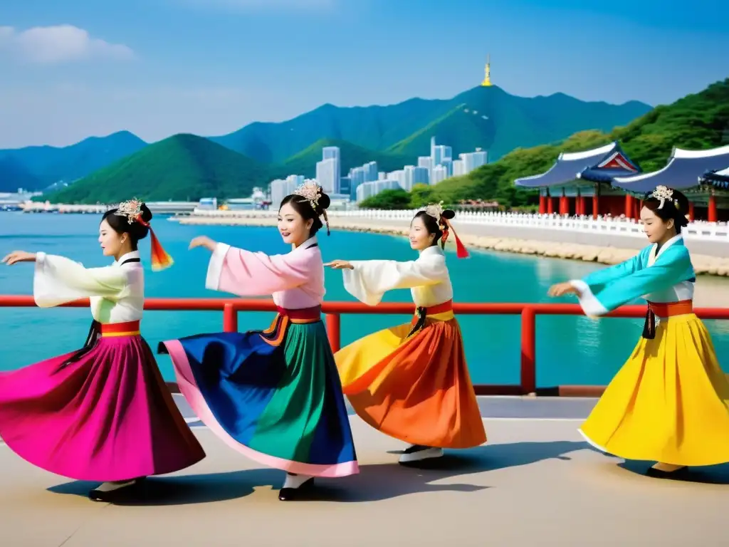 Grupo de bailarines tradicionales coreanos en hanboks vibrantes realizan una coreografía ancestral en el bullicioso festival Gangneung Danoje