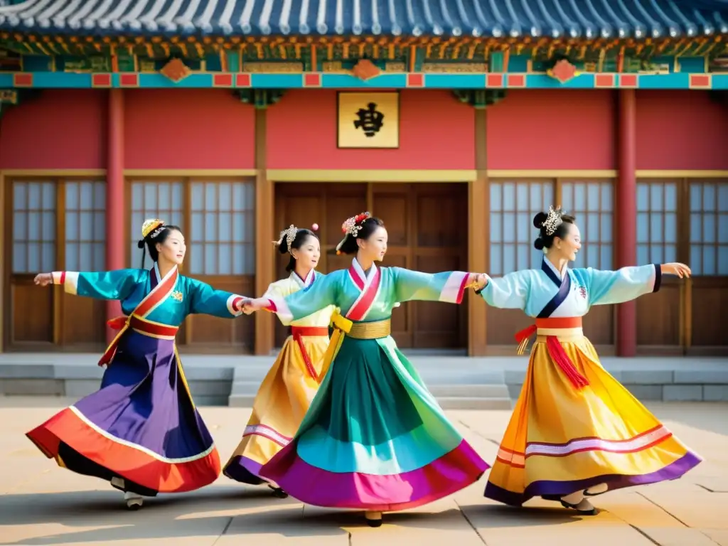 Un grupo de bailarines tradicionales coreanos vistiendo hanboks coloridos, realizando un dinámico baile con abanicos frente a un palacio coreano