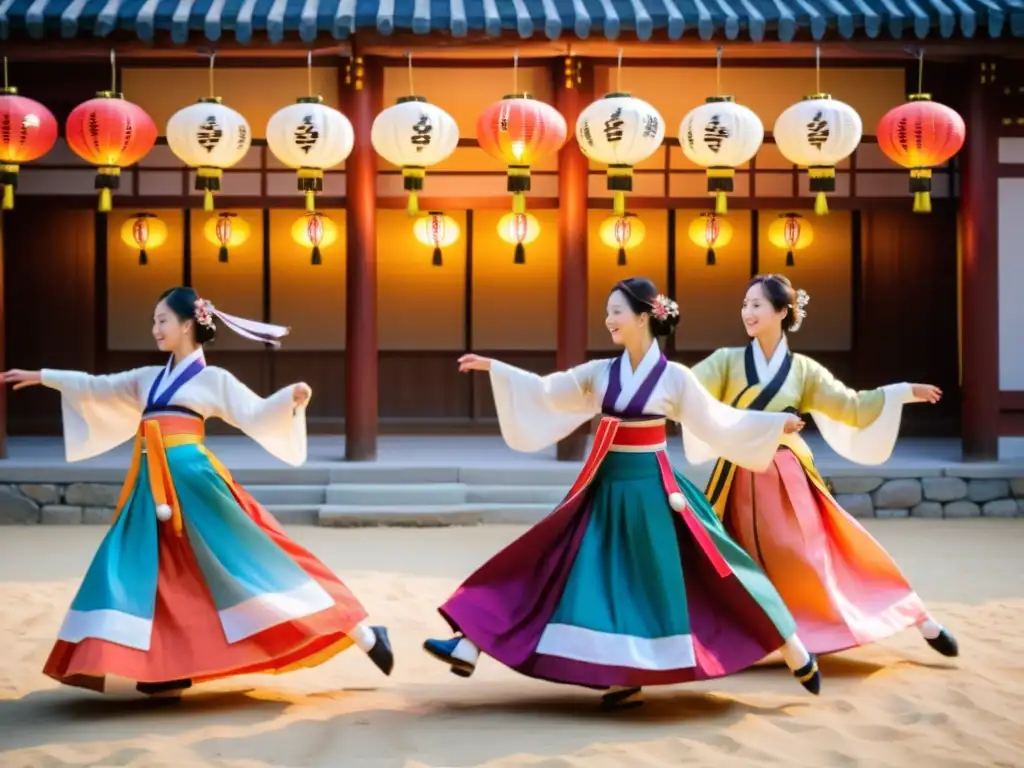 Grupo de bailarines tradicionales coreanos danzando al ritmo de la música en la danza tradicional, rodeados de instrumentos y vestidos coloridos