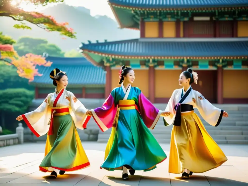 Grupo de bailarines tradicionales coreanos en hanboks vibrantes, danza grácil en un palacio histórico