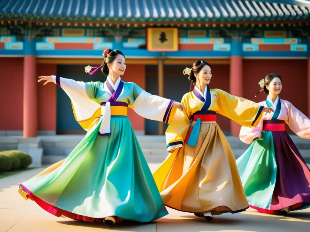 Un grupo de bailarines tradicionales coreanos, vistiendo coloridos hanbok, danzando graciosamente en un palacio tradicional coreano