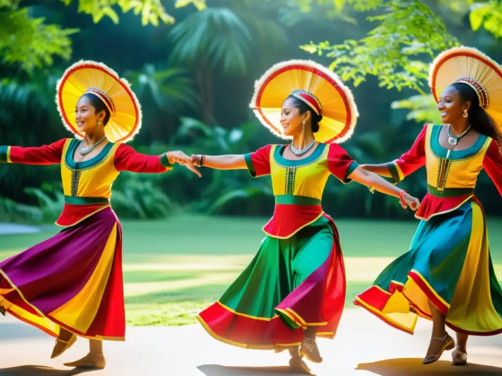 Grupo de bailarines tradicionales practicando coreografías en un claro soleado, rodeados de exuberante vegetación