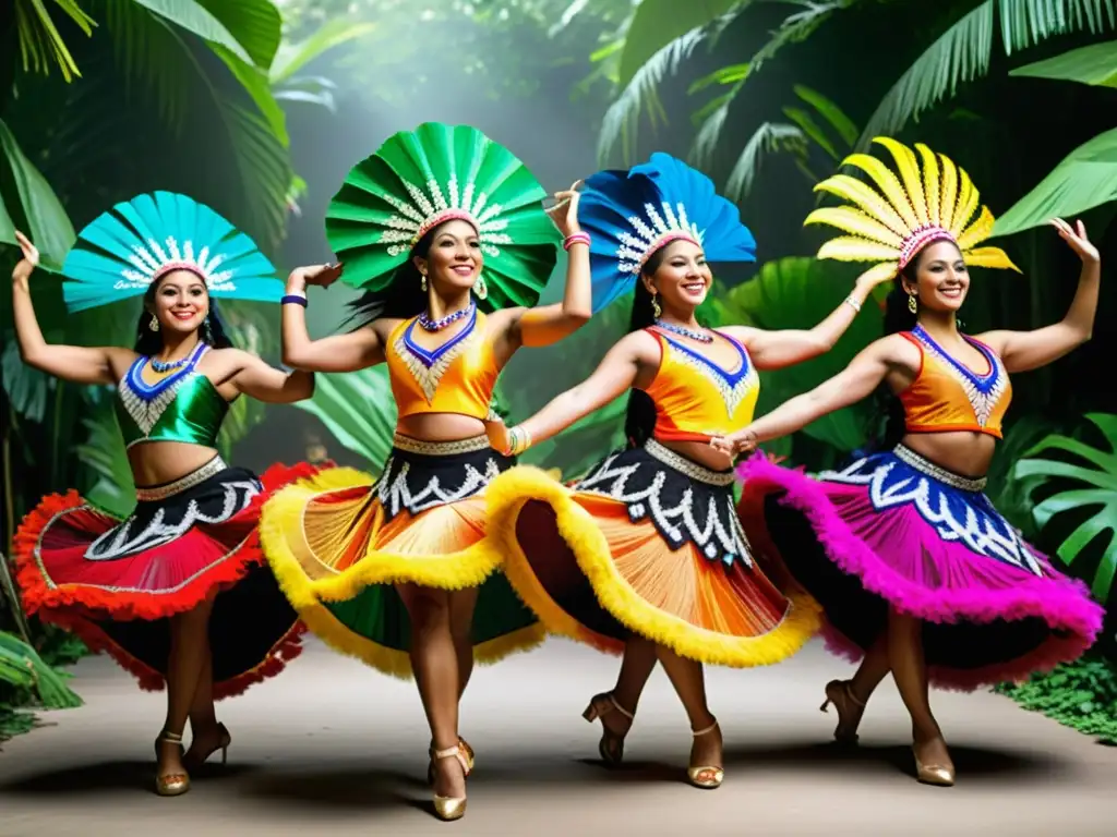 Grupo de bailarines tradicionales de Costa Rica en trajes vibrantes y detallados, realizando una danza en la exuberante vegetación tropical