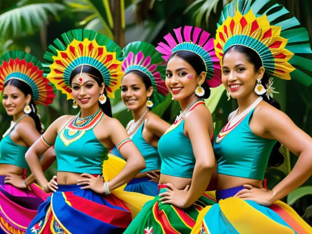 Grupo de bailarines tradicionales de Costa Rica con trajes coloridos y elaborados, realizando una danza en medio de exuberante vegetación tropical