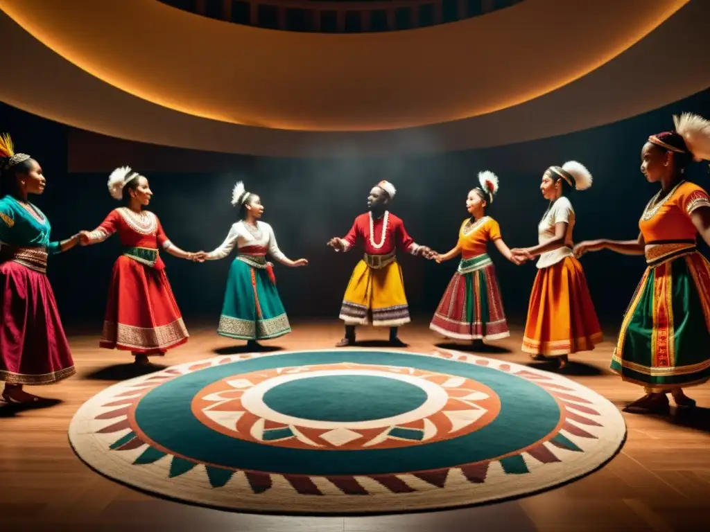 Grupo de bailarines tradicionales de diferentes culturas, unidos en danza en un ambiente vibrante que muestra la importancia cultural de la danza