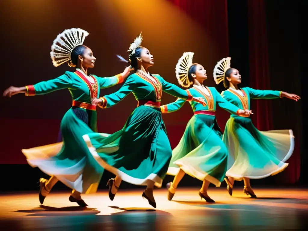 Un grupo de bailarines tradicionales de diferentes culturas realizando movimientos intrincados y de alta energía en el escenario, con trajes vibrantes que capturan la luz mientras saltan y giran con precisión y gracia