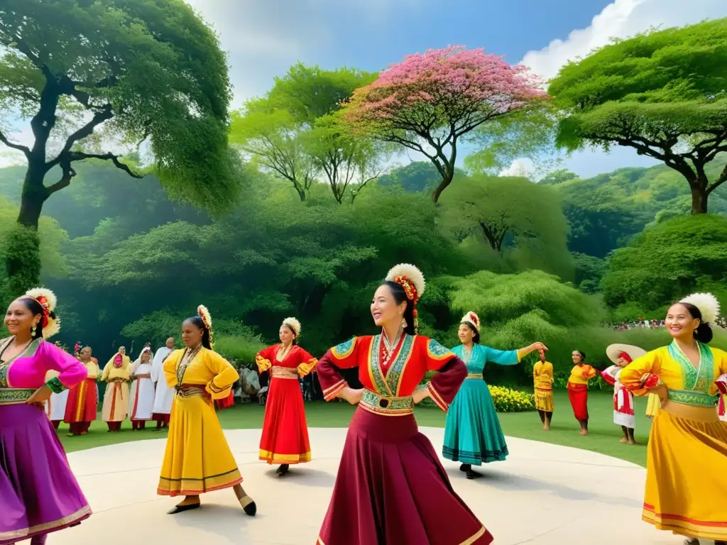 Un grupo de bailarines tradicionales de diferentes culturas en un círculo, rodeados de exuberante vegetación y flores