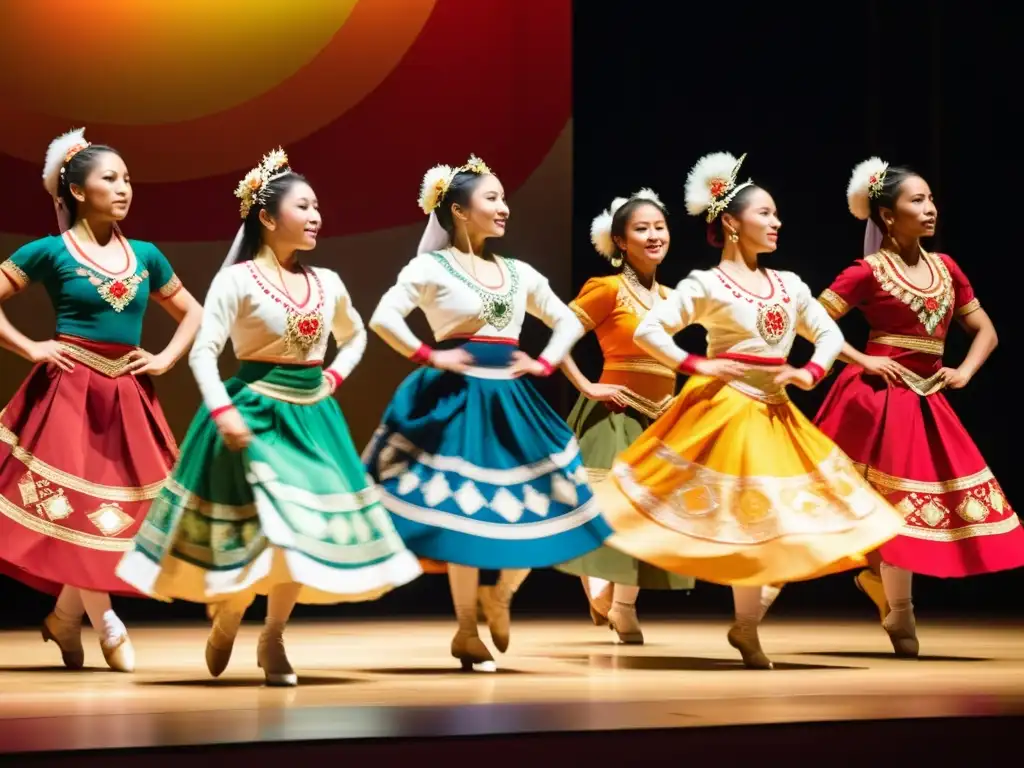 Un grupo de bailarines tradicionales de diferentes culturas, con trajes vibrantes y movimientos gráciles en un escenario iluminado suavemente