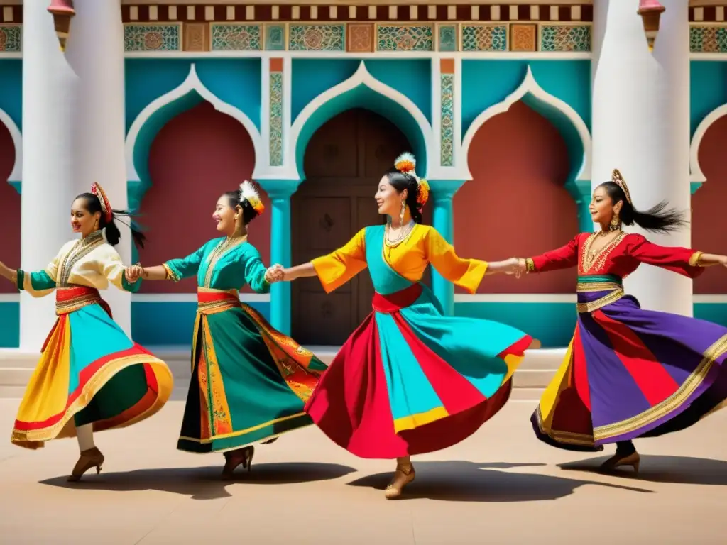 Un grupo de bailarines tradicionales de diferentes culturas danzando en un escenario diverso