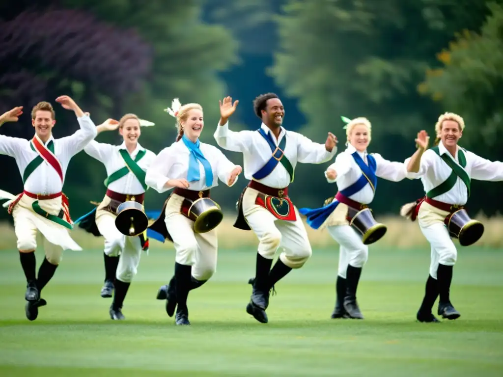 Un grupo de bailarines tradicionales de Morris Dance realiza movimientos sincronizados con campanillas en un prado verde