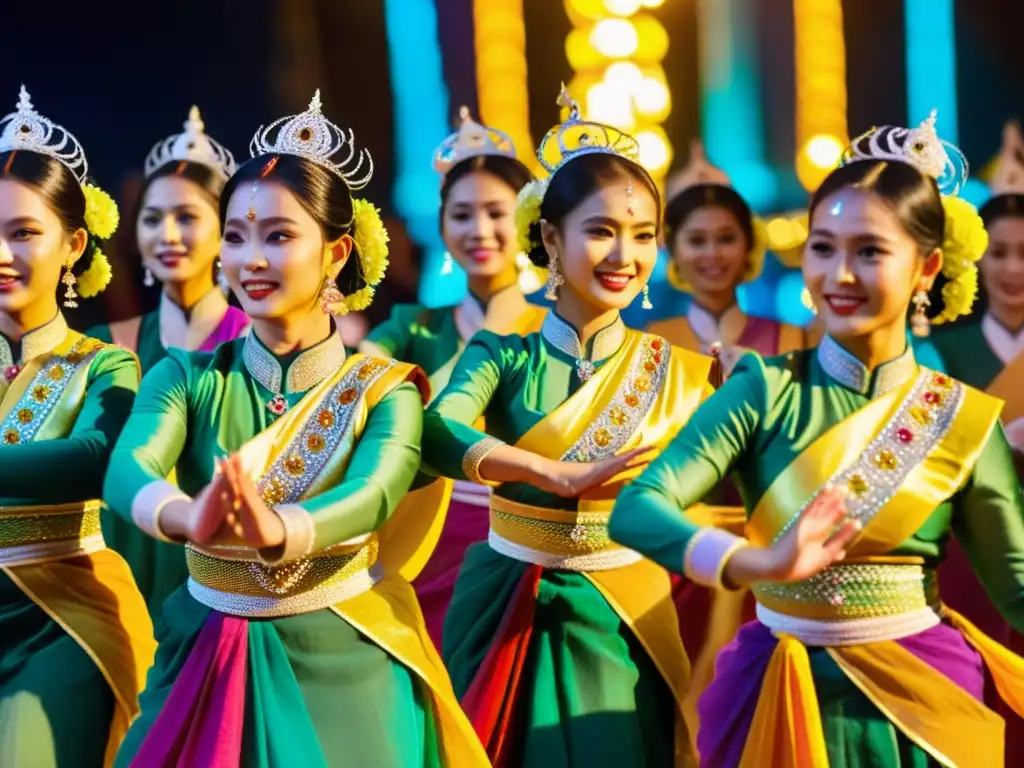 Grupo de bailarines tradicionales de Myanmar realizando la danza Tazaungdaing, con trajes vibrantes y joyas