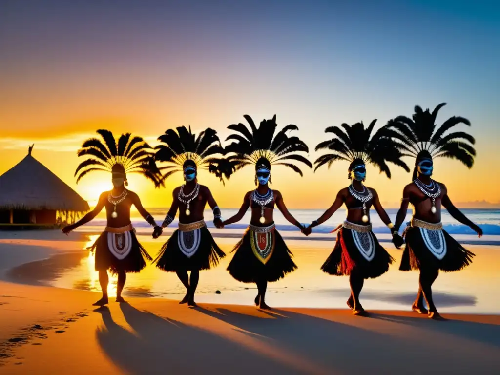 Grupo de bailarines tradicionales de Oceanía realiza danza ritual en la playa al atardecer, con significado cultural de danzas tradicionales Oceanía