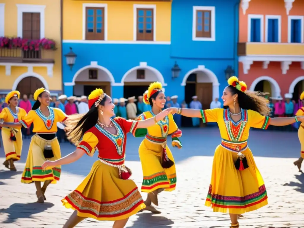 Grupo de bailarines tradicionales cautivan con su danza colorida, creando un impacto turístico cultural en la plaza del pueblo