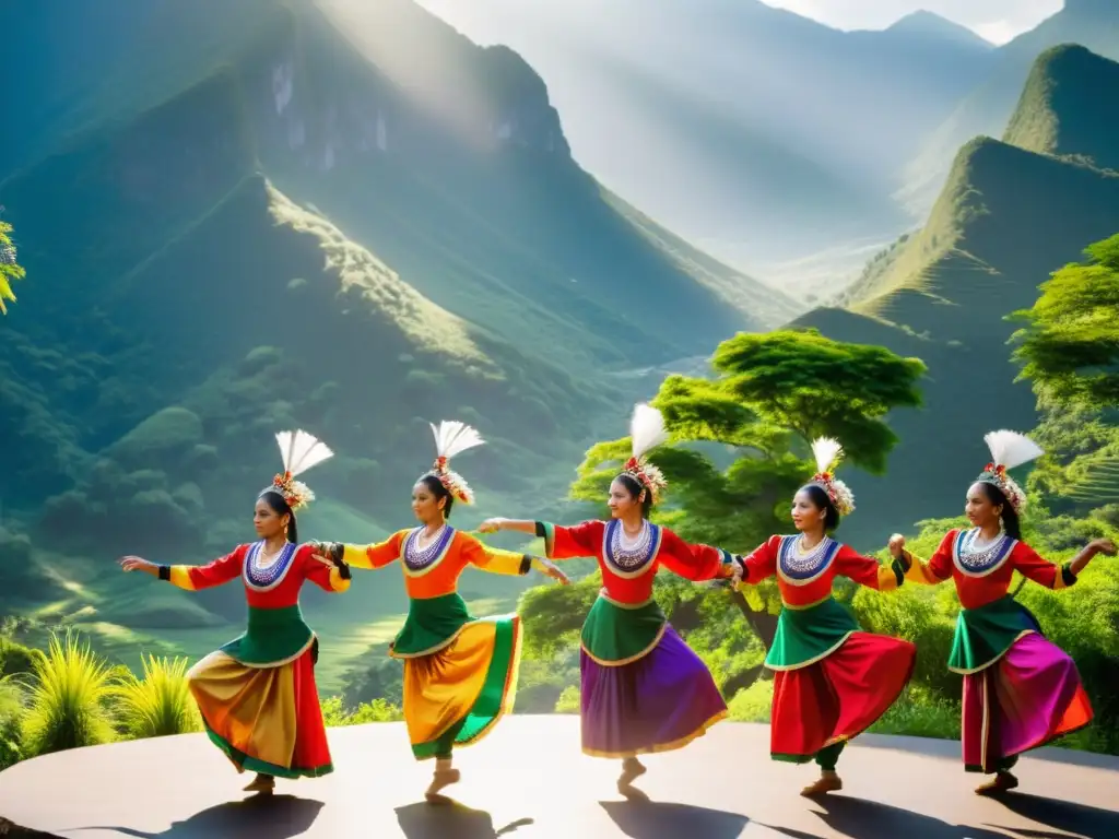 Danza tradicional en la montaña: gracia y colorido Un grupo de bailarines tradicionales ejecutando una danza ceremonial, con trajes vibrantes y detallados, ante un fondo de montañas verdes