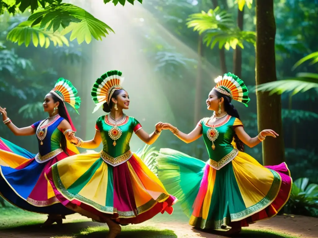 Grupo de bailarines tradicionales realiza una danza vibrante en la selva, destacando la preservación de danzas tradicionales en streaming