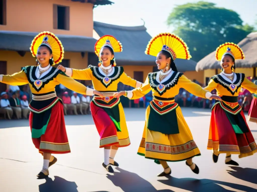 Grupo de bailarines tradicionales realizando una danza sincronizada en una plaza soleada