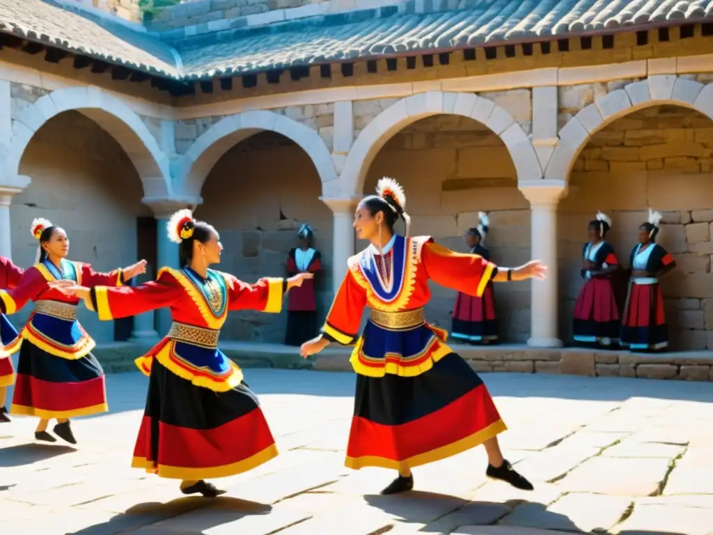 Grupo de bailarines tradicionales, danza sincronizada en un patio soleado rodeado de muros antiguos