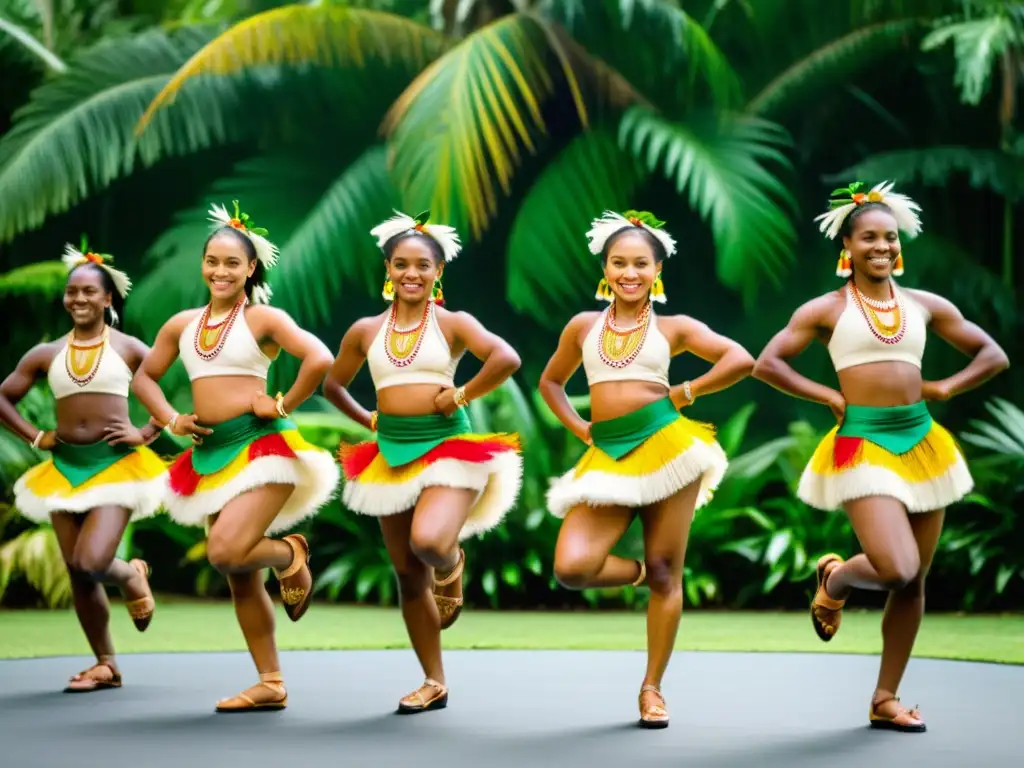 Un grupo de bailarines tradicionales del océano Pacífico danza con gracia y energía en exuberante entorno tropical