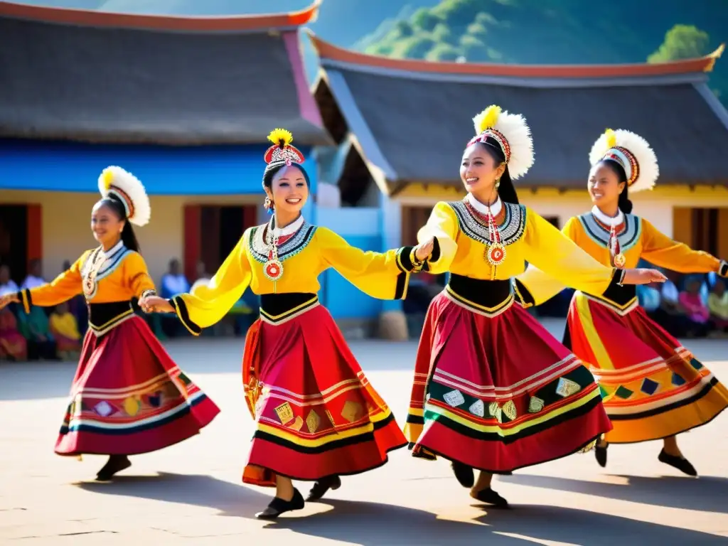 Grupo de bailarines tradicionales realizando una danza enérgica en la plaza del pueblo, con trajes vibrantes y patrones intrincados