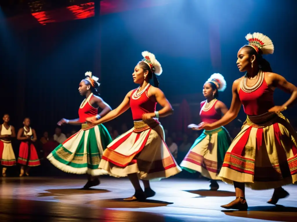 Grupo de bailarines tradicionales ejecutando una danza en un ambiente atmosférico, resaltando la transformación digital en danzas tradicionales