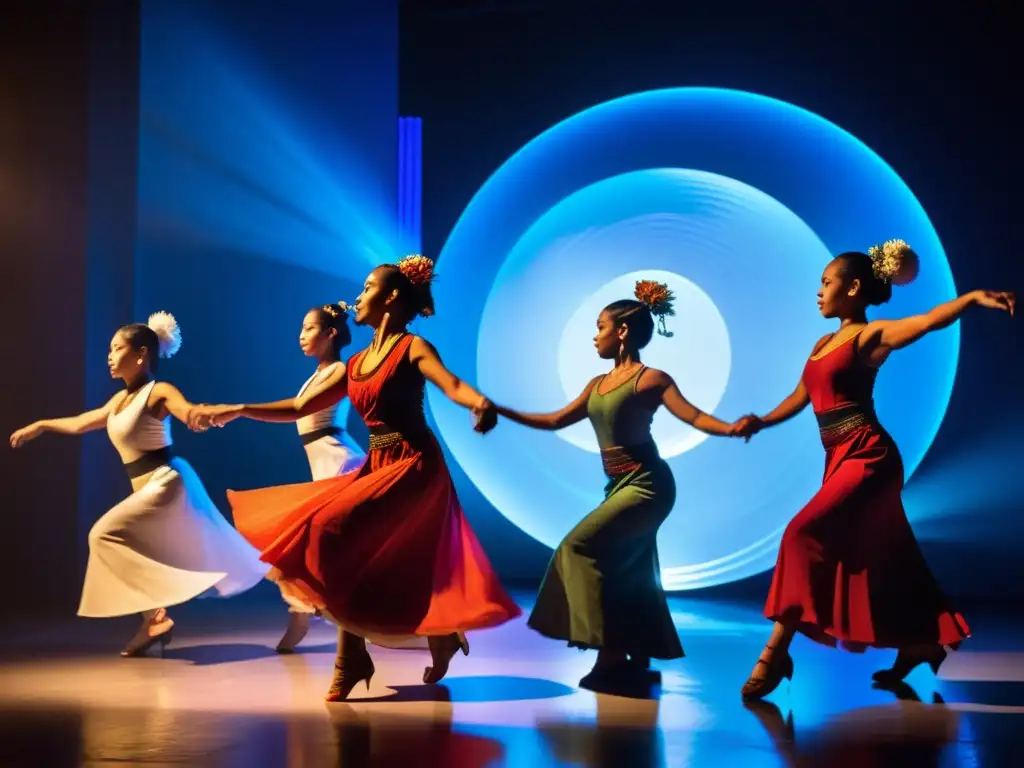 Grupo de bailarines tradicionales fusionando danza y tecnología en un espacio atmosférico