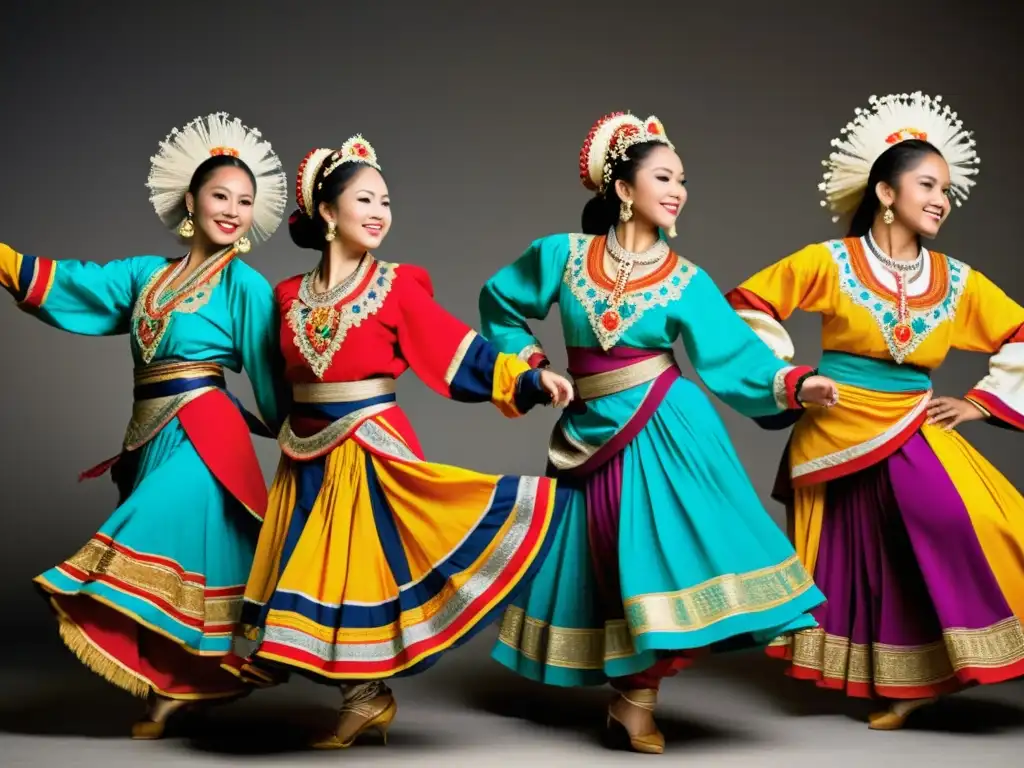 Bailarines tradicionales en vibrantes trajes Un grupo de bailarines tradicionales ejecuta una danza con trajes vibrantes y detallados, transmitiendo herencia y expresión cultural