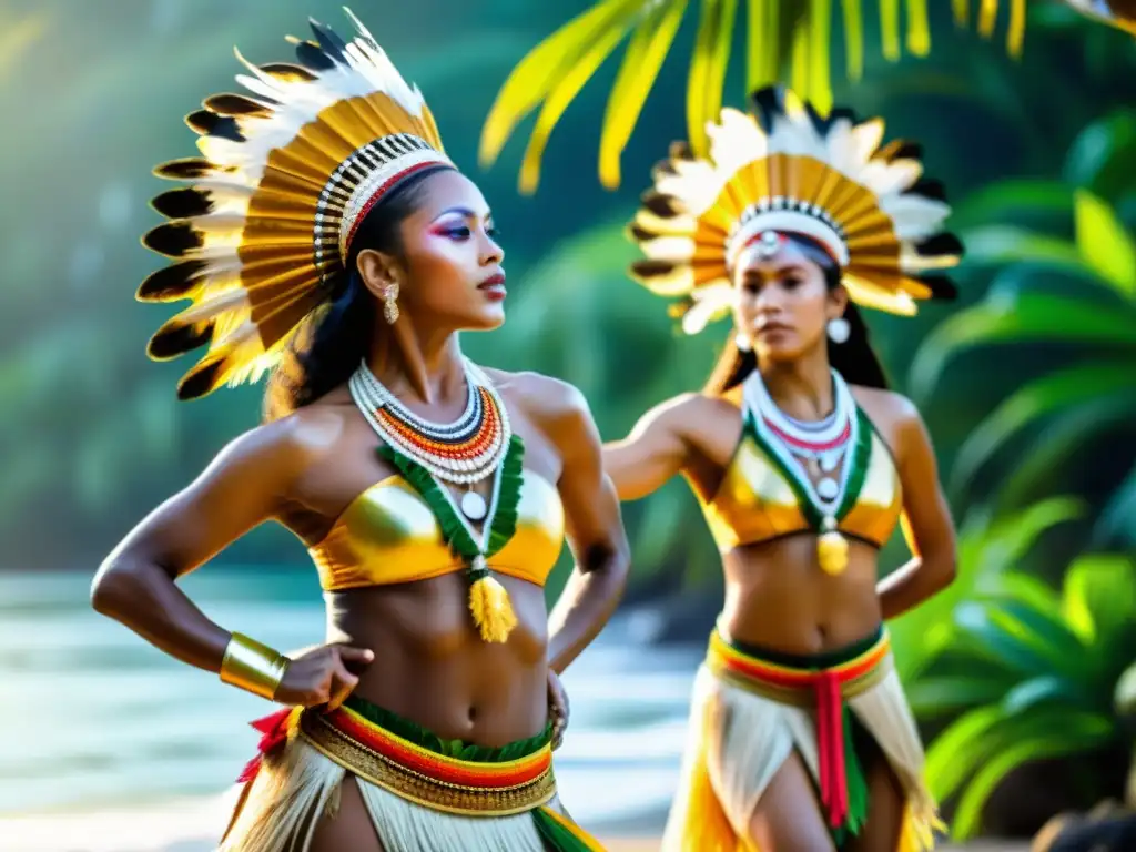 Un grupo de bailarines tradicionales del océano Pacífico realiza una danza ceremonial en un exuberante paisaje tropical