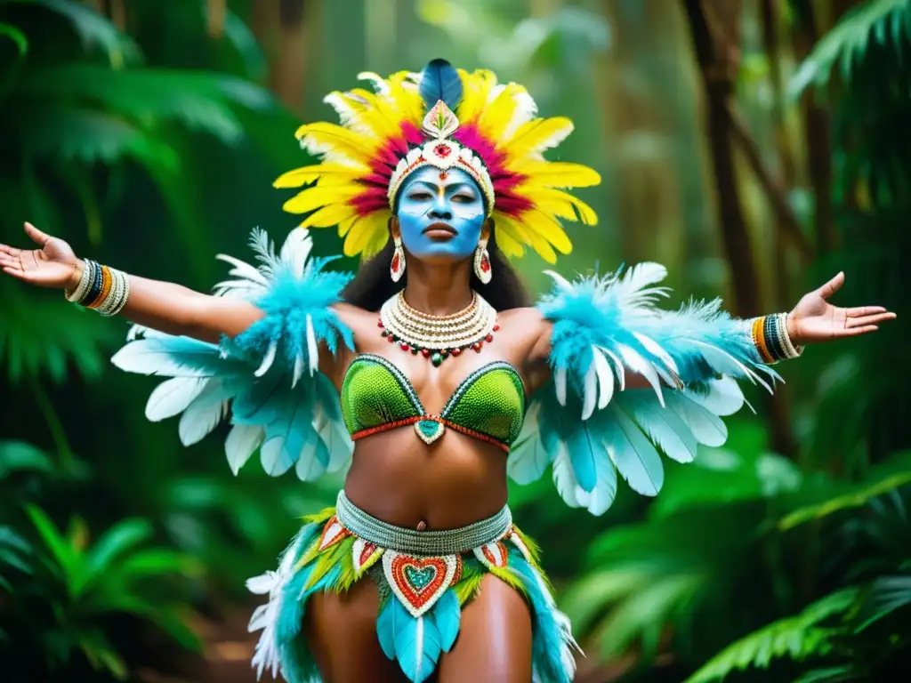 Grupo de bailarines tradicionales realizando una danza ceremonial en la exuberante selva