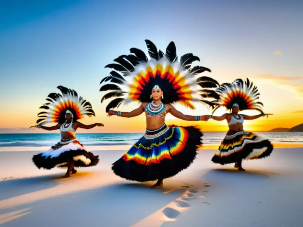 Grupo de bailarines tradicionales de Oceanía en danza al atardecer en la playa, expresando el significado cultural de las tradiciones de Oceanía