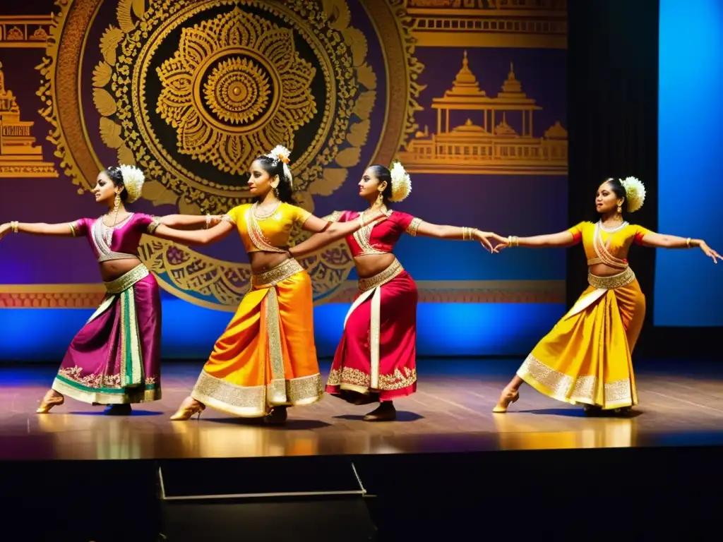 Grupo de bailarines tradicionales de Sri Lanka realizando una danza clásica en un escenario decorado con motivos tradicionales vibrantes