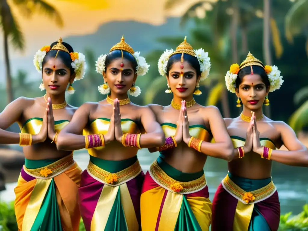 Grupo de bailarines tradicionales de Sri Lanka realizando una danza clásica en un exuberante paisaje tropical