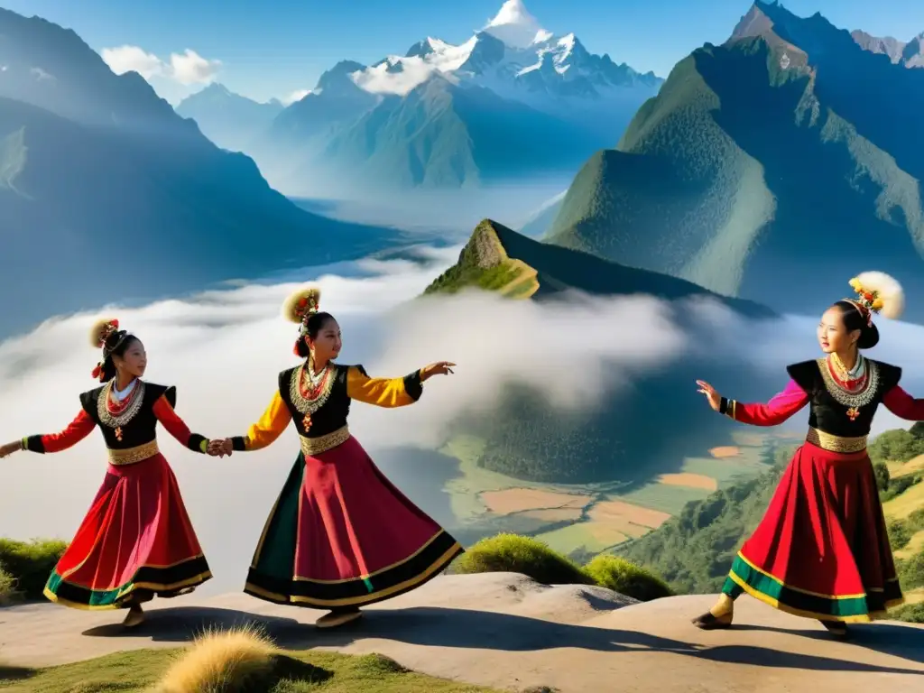 Grupo de bailarines tradicionales ejecutan danza en la montaña, capturando la esencia del entrenamiento de danza en alturas