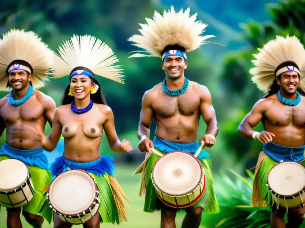 Un grupo de bailarines tradicionales fijianos ejecuta la danza Mor Lamhong con gracia y alegría, inmersos en su rica herencia cultural