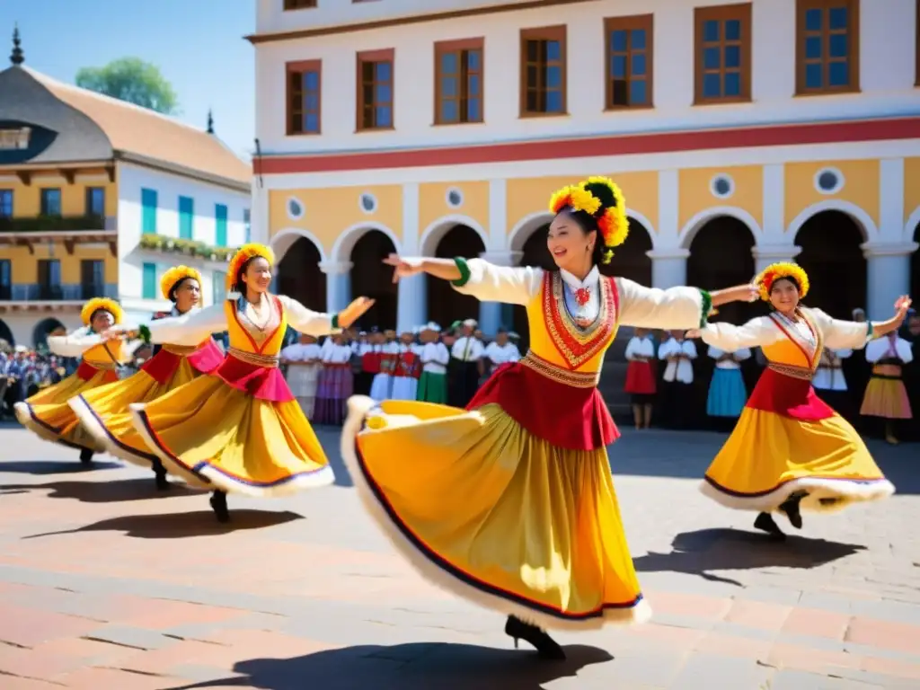 Un grupo de bailarines tradicionales realiza una danza folclórica enérgica en una plaza soleada, rodeados de espectadores felices