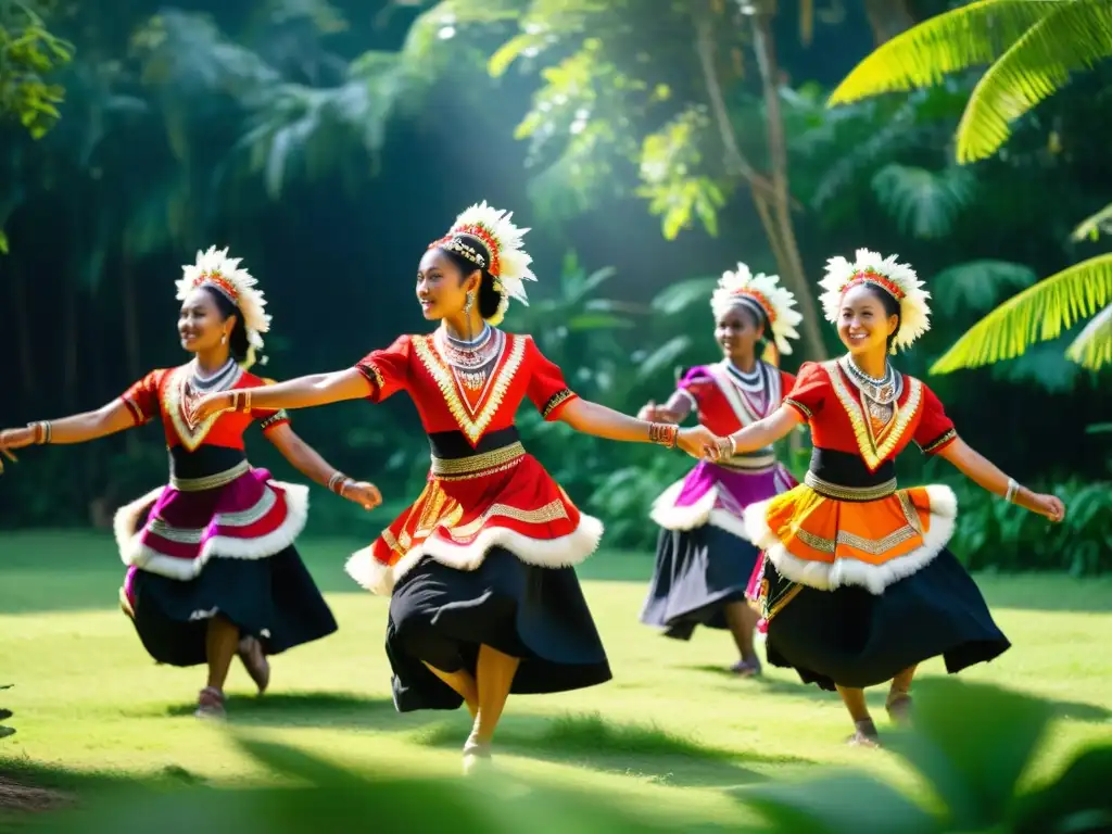 Un grupo de bailarines tradicionales ejecuta una danza ceremonial en un claro soleado, rodeado de exuberante vegetación