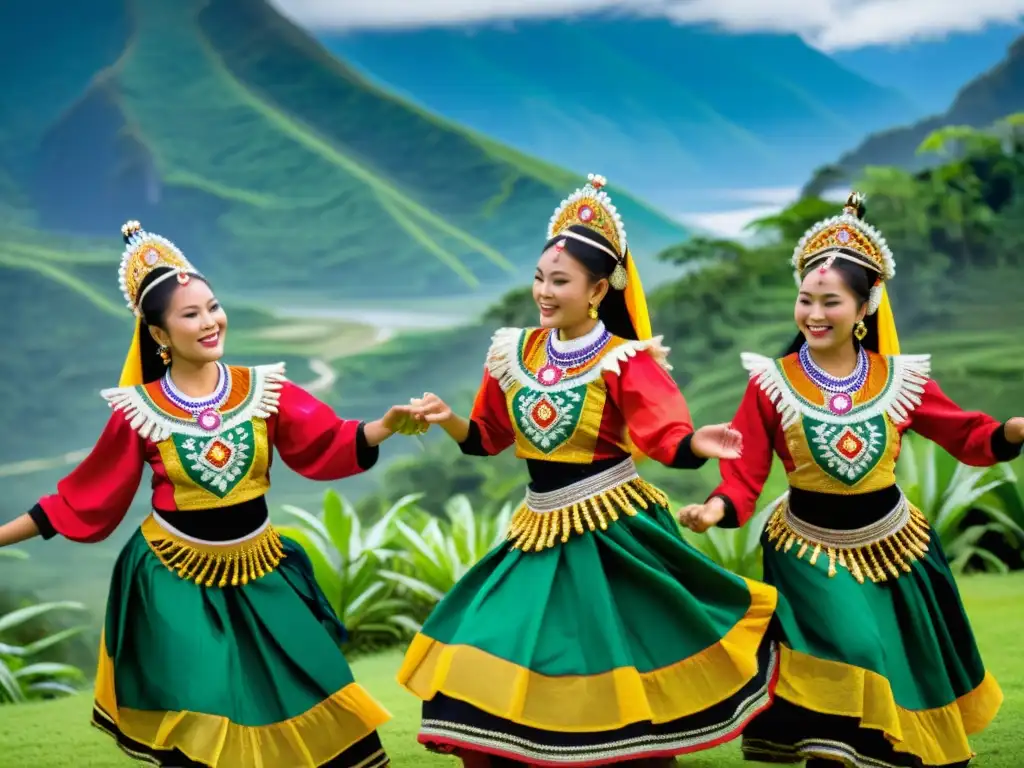 Grupo de bailarines tradicionales realizando una danza ceremonial en un entorno montañoso exuberante