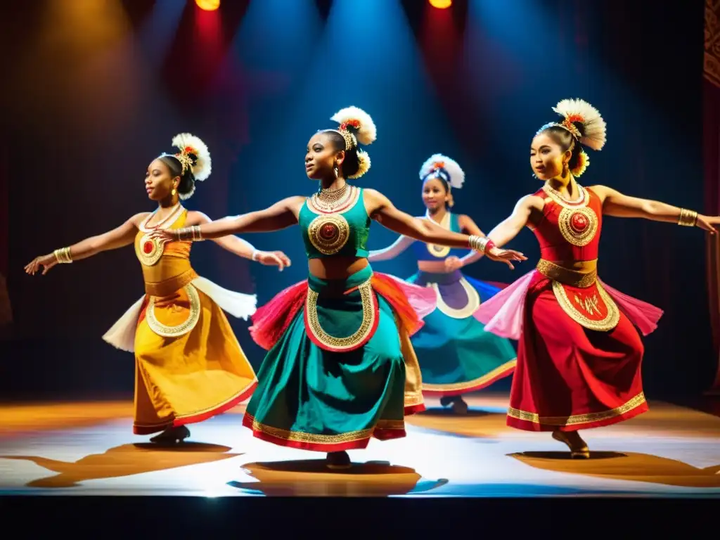 Grupo de bailarines tradicionales ejecutando danza en escenario iluminado, con trajes vibrantes y detallados