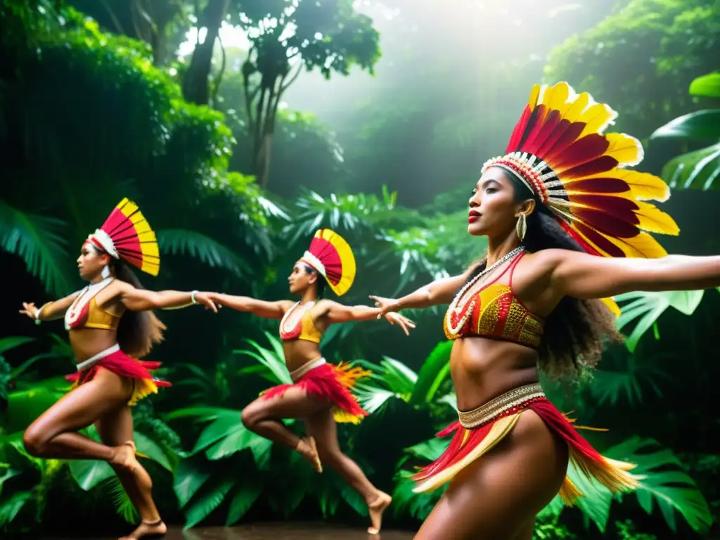 Un grupo de bailarines tradicionales de Oceanía realizan una danza contemporánea, fusionando herencia y modernidad en un escenario tropical exuberante