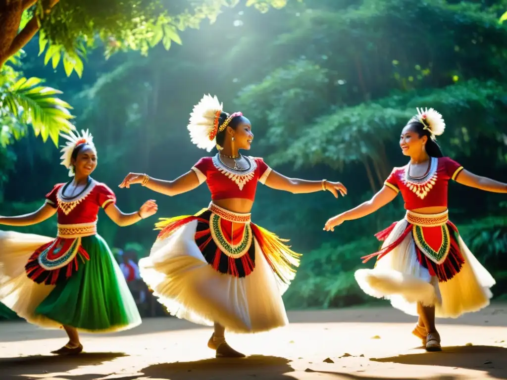 Un grupo de bailarines tradicionales realiza una danza ceremonial en un claro soleado, rodeados de exuberante vegetación