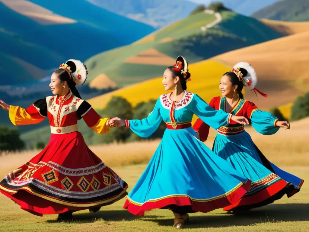 Un grupo de bailarines tradicionales realiza una danza folclórica con trajes vibrantes en un escenario al aire libre, capturando la riqueza cultural